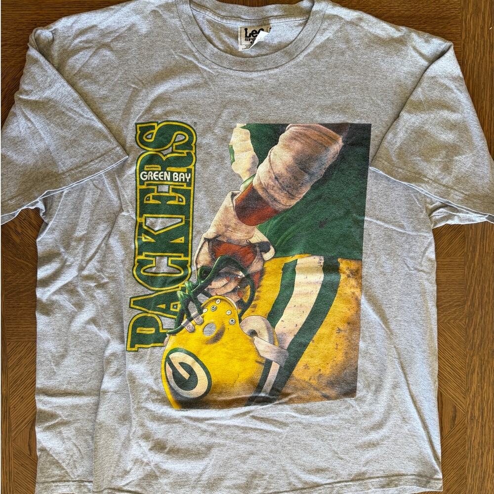 Vintage Lee Sport Green Bay Packers Big Graphic T-Shirt Gray Helmet Mens 2XL